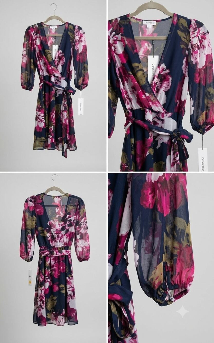 NWT Calvin Klein Size 6P Navy Floral Chiffon Faux Wrap Dress